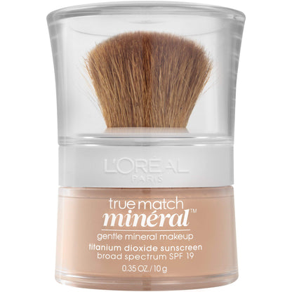 L'Oreal Paris Makeup True Match Loose Powder Mineral Foundation, skin-improving minerals control shine, reduce appearance of pores, leave skin soft and even, built-in brush, Natural Beige, 0.35