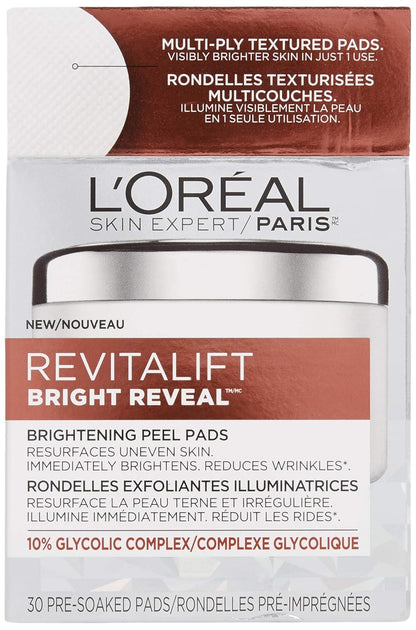 L'Oreal Paris Revitalift Bright Reveal Anti-Aging Peel Pads with Glycolic Acid Exfoliating Facial Pads to Reduce Wrinkles and Brighten Skin for All Skin Types 30 Count (Pack of 1) White