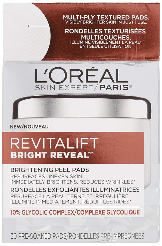 L'Oreal Paris Revitalift Bright Reveal Anti-Aging Peel Pads with Glycolic Acid Exfoliating Facial Pads to Reduce Wrinkles and Brighten Skin for All Skin Types 30 Count (Pack of 1) White
