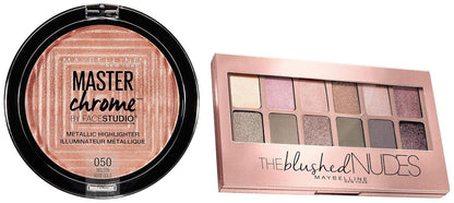 Maybelline New York The Blushed Nudes Palette Eyeshadow, 9g and Maybelline New York Face Studio Master Chrome Metallic Highlighter, Molten Rose Gold, 6.7g