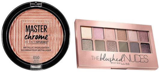 Maybelline New York The Blushed Nudes Palette Eyeshadow, 9g and Maybelline New York Face Studio Master Chrome Metallic Highlighter, Molten Rose Gold, 6.7g