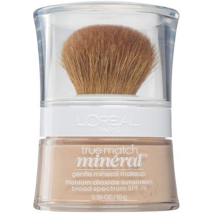 L'Oreal Paris Makeup True Match Loose Powder Mineral Foundation, skin-improving minerals control shine, reduce appearance of pores, leave skin soft and even, built-in brush, Natural Beige, 0.35