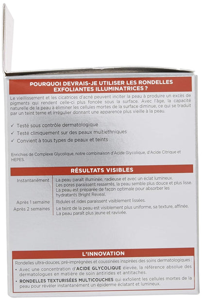 L'Oreal Paris Revitalift Bright Reveal Anti-Aging Peel Pads with Glycolic Acid Exfoliating Facial Pads to Reduce Wrinkles and Brighten Skin for All Skin Types 30 Count (Pack of 1) White