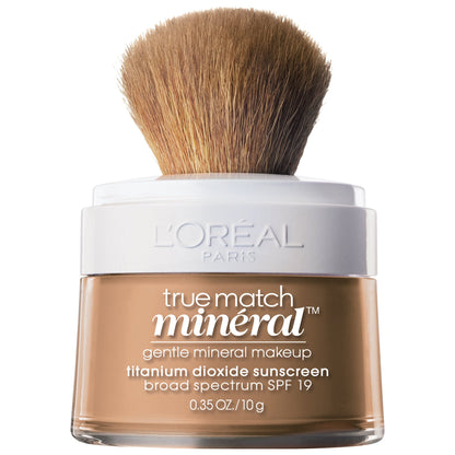 L'Oreal Paris Makeup True Match Loose Powder Mineral Foundation, skin-improving minerals control shine, reduce appearance of pores, leave skin soft and even, built-in brush, Natural Beige, 0.35