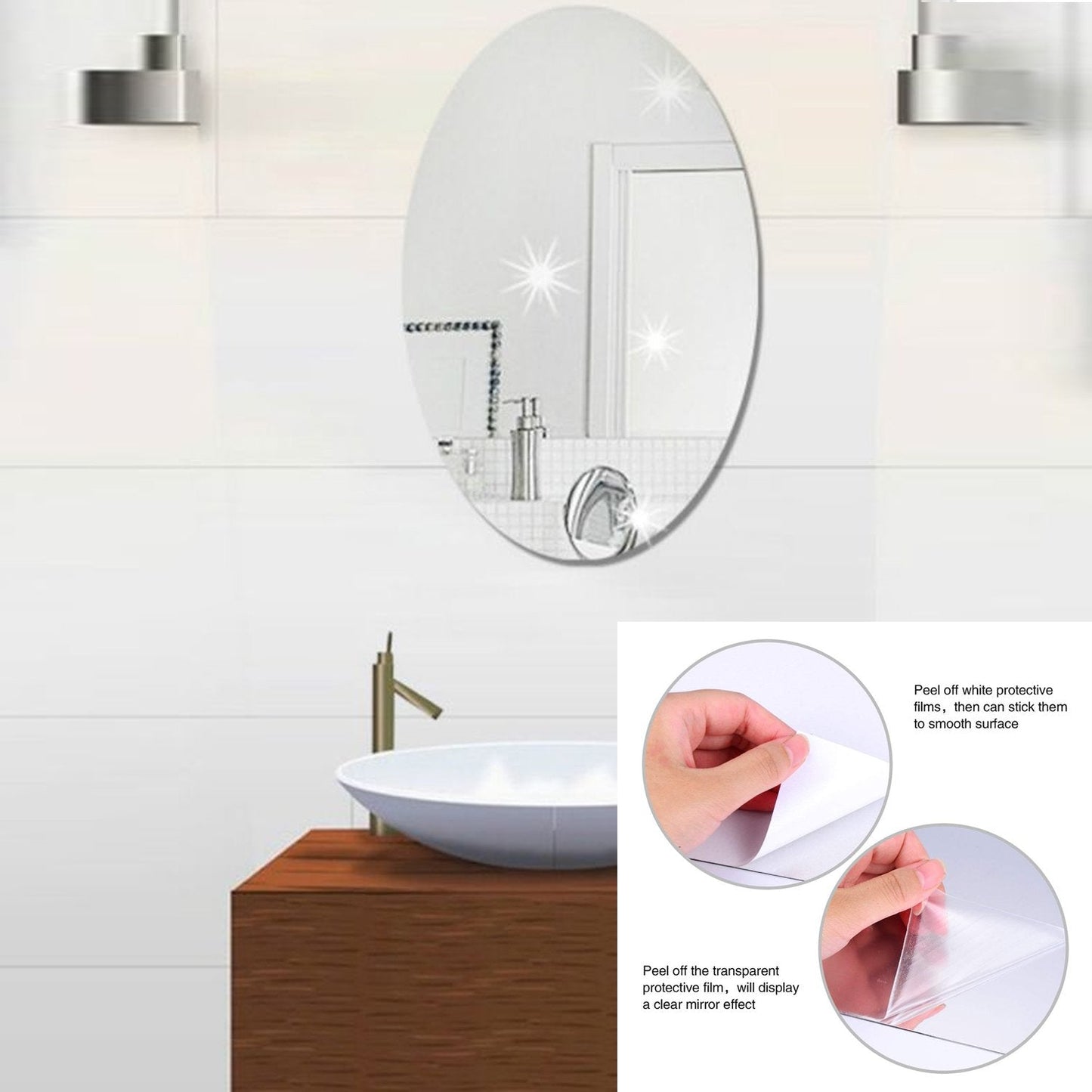 Self-adhesive mirror tiles for bathroom walls