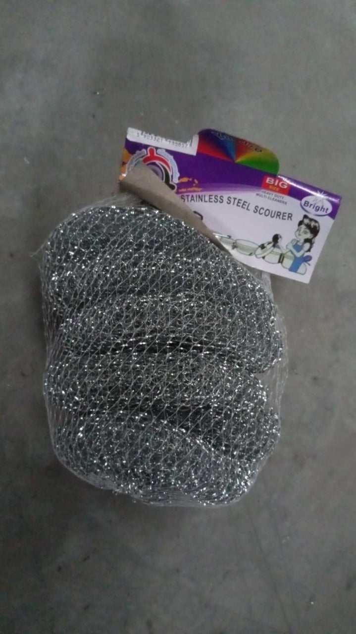 Stainless steel scrubbers for cleaning pots, pans, and dishes. Pack of 6 durable scourers.