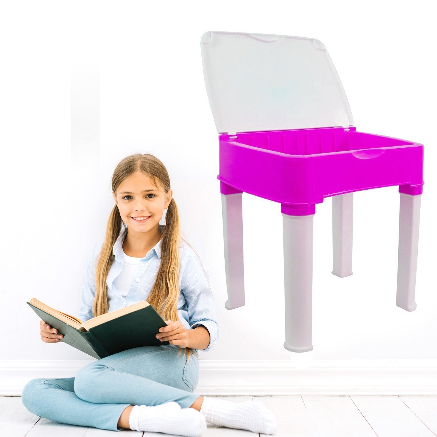 Children's study table and chair set in pink, features a pencil box and durable plastic construction.